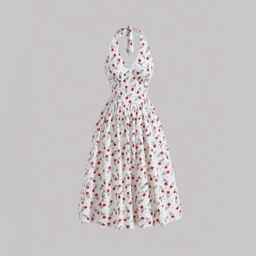 SHEIN Red and White Pleated Halter Midi Dress